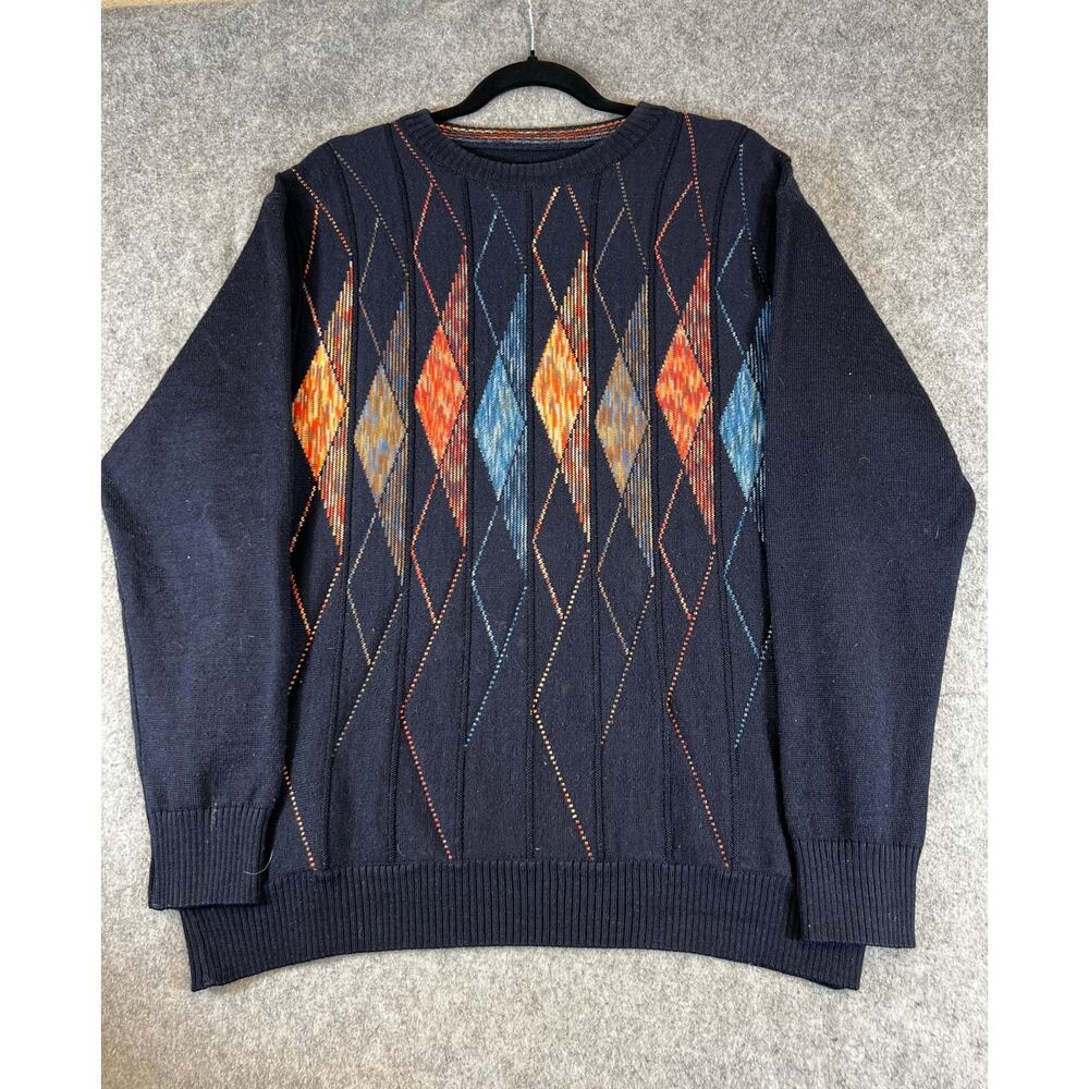 VTG 90s Norm Thompson Sweater Mens Blue Argyle Pullover Grandpacore Jumper Large